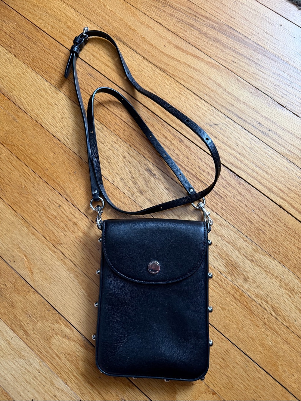 Rebecca Minkoff Black Leather Crossbody Phone Pouch with Silver Studs